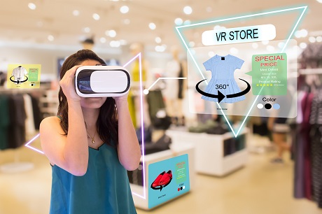 Virtual reality store shopping concept.Woman using VR headsets having experience in virtual shopping store