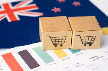 Bandera de Nueva Zelanda con carritos de compra online. Ecommerce Nueva Zelanda