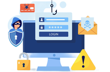 pantalla de ordenador con iconos de peligro,. figura de hacker, candado, tarjetas de crédito