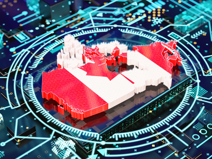 Digital Map of Canada with Flag on a Futuristic Circuit Board Background. 3D Render